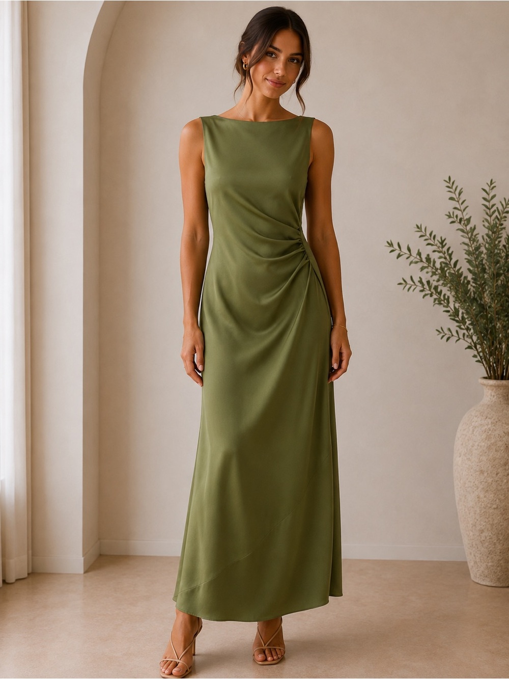 Wayf Olive Green Sleeveless Ruched Side Maxi Dress